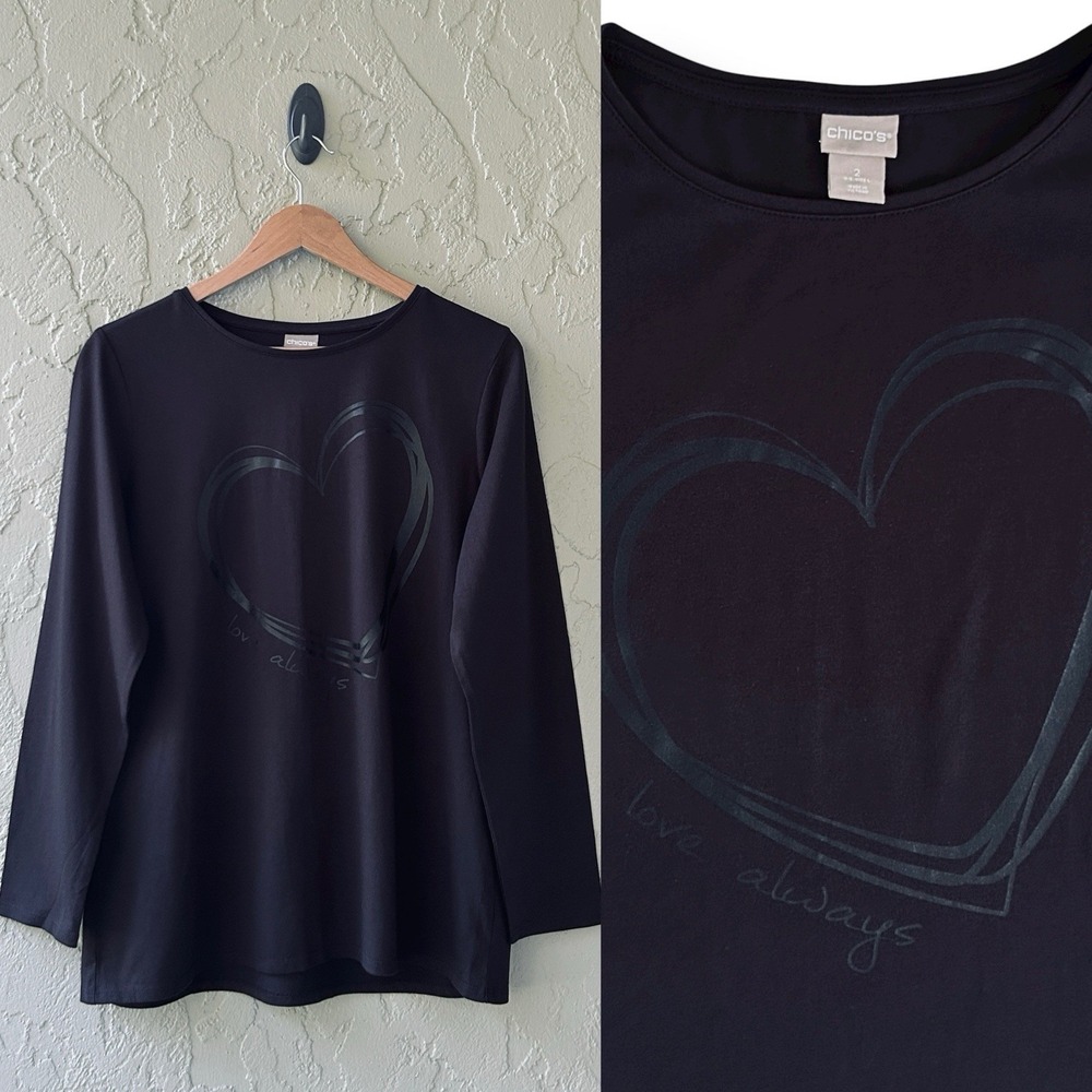 Chico's Women's Large Black Heart Graphic Print Long Sleeves Tee Shirt Top NWT